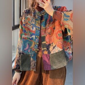 Vintage Red Pockets Button Print Fall Long sleeve Coat